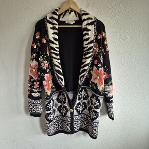 VINTAGE 80s 90s Hand Knit Jennifer Reed Embroidered Cowl Neck Cardigan Floral L